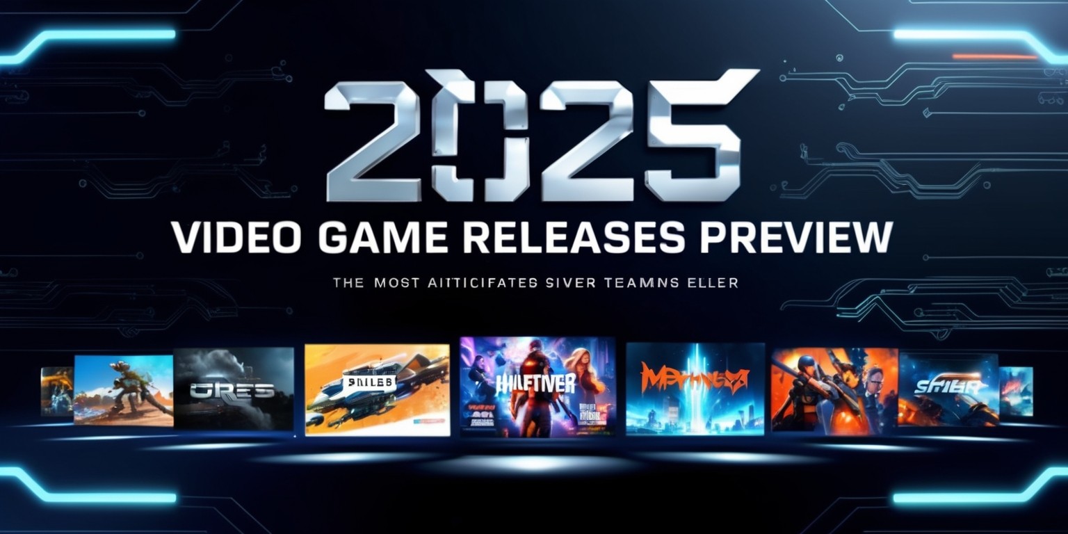 A futuristic, high-tech, dark blue and silver themed poster showcasing a preview of the most anticipated 2025 video game releases, set against a sleek, metallic background with subtle circuitry patterns, illuminated by soft, neon-blue glow accents; the title 2025 Video Game Releases Preview emblazoned in bold, modern, metallic silver font with a slight futuristic sheen, situated prominently at the top, taking center stage; below, a collage of screenshots and concept art from various games, each with its own unique aesthetic, blending vibrant colors, bold graphics, and cutting-edge visuals, arranged in a staggered, 3D-like formation, giving the impression of layering and depth, with subtle, glowing orange and red accents highlighting key elements and release dates; the overall design exuding a sense of excitement, energy, and innovation, beckoning gamers to explore the next generation of interactive entertainment.