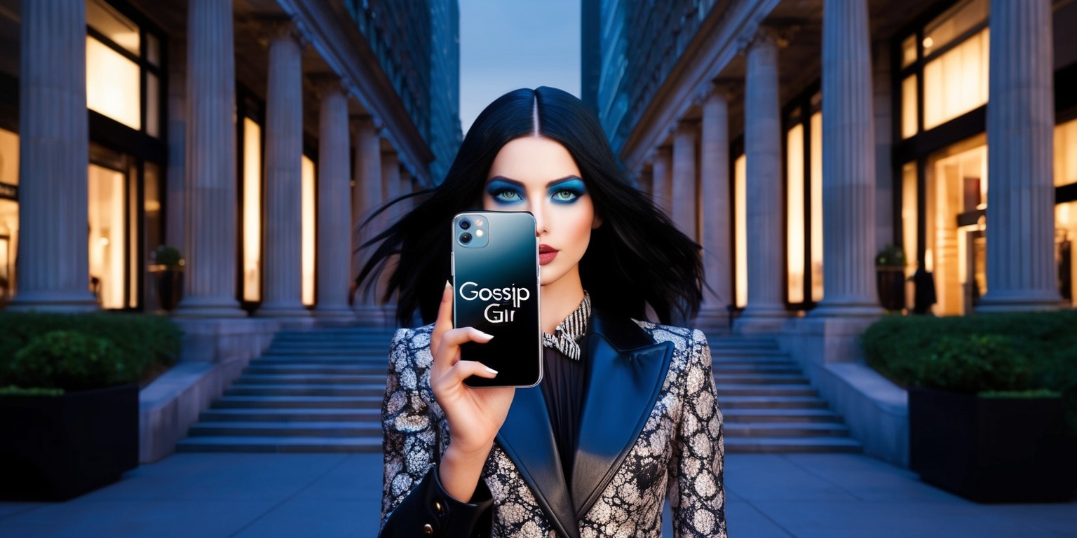 A moody, upscale Manhattan street scene at dusk, illuminated by the warm glow of street lamps and the soft light of luxury storefronts, featuring the iconic Gossip Girl logo emblazoned on a sleek, silver-clad smartphone, held by a stylish, young socialite with piercing blue eyes, porcelain skin, and raven-black hair, dressed in a chic, designer outfit, standing outside the Met steps, surrounded by majestic stone columns and lush greenery, with the city's vibrant energy and upscale atmosphere palpable in the air, capturing the essence of the scandalous, high-society world of Manhattan's Upper East Side.