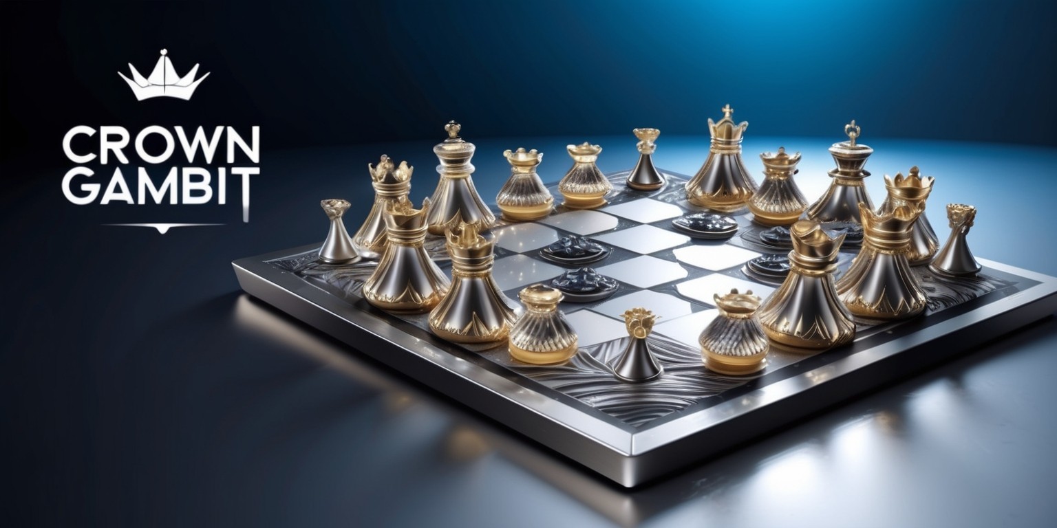 A futuristic, high-stakes game of Crown Gambit is set against a dark, gradient blue background, evoking a sense of luxury and sophistication. The game board, rendered in a sleek, metallic silver, takes center stage, with raised, 3D pieces in a metallic gold finish, adorned with intricate, swirling patterns. The crowns, the game's signature pieces, are prominent, with delicate, bejeweled details and a subtle, luminescent glow. The game pieces are arranged in a dramatic, mid-game layout, with some pieces toppled or captured, conveying a sense of intensity and competition. In the top-left corner, the game's logo, 