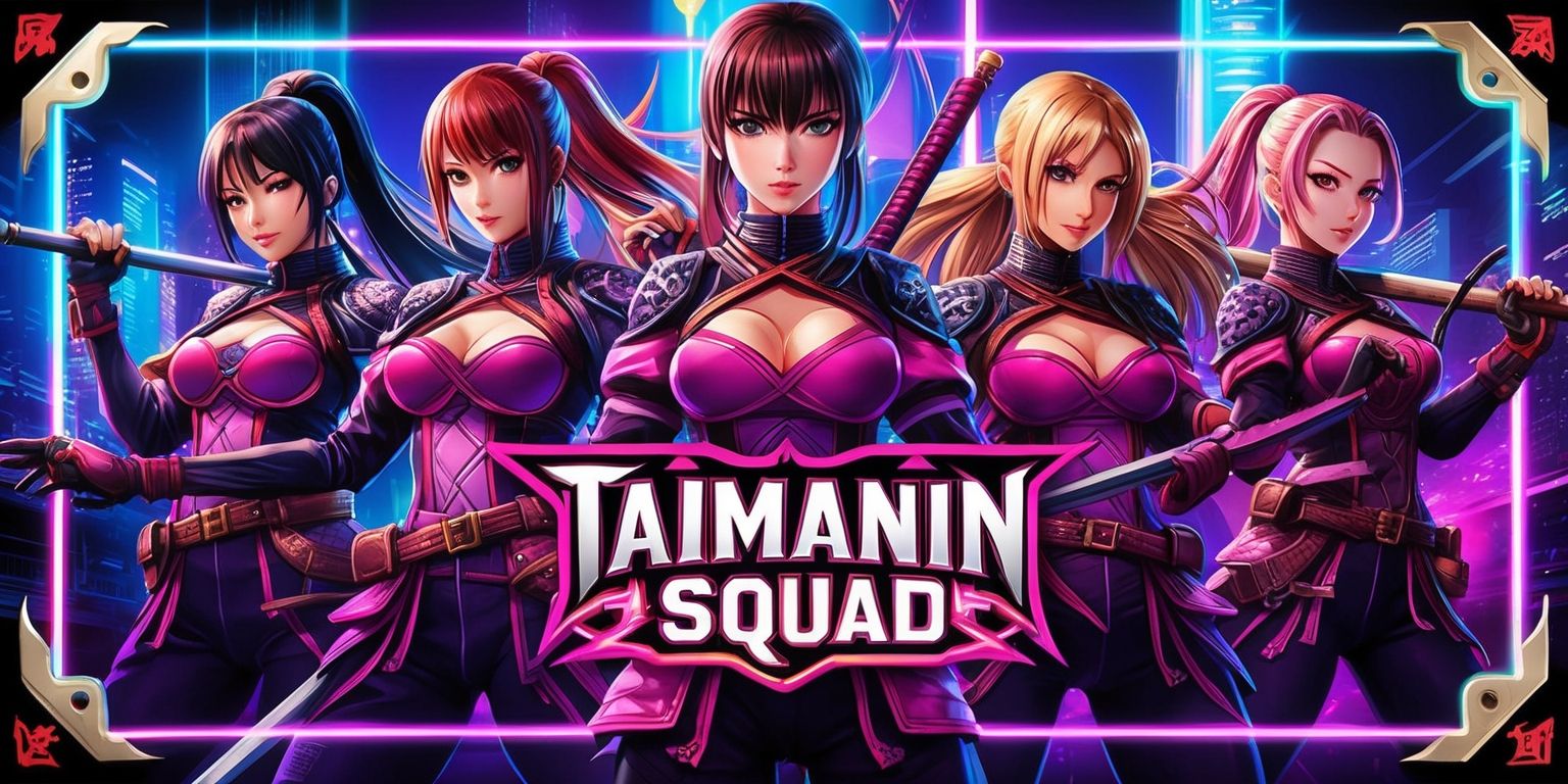 A vibrant and dynamic illustration of the Taimanin Squad from the popular Japanese anime and video game series, featuring a group of powerful and beautiful female ninjas with intricate costumes and weapons, set against a dramatic and futuristic cityscape background with neon lights and bold colors, with each character showcasing unique facial features, skin tones, and hairstyles, and incorporating subtle textures and shading to enhance the overall visual aesthetic, with the Taimanin Squad logo prominently displayed in a bold, metallic font with a hint of Japanese typography, and the entire scene framed by a thin, ornate border with a mix of Eastern and Western design elements.