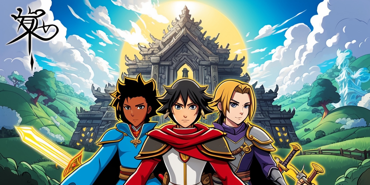 A vibrant and detailed illustration of a Japanese role-playing game scene, featuring a V-shaped group of three protagonists with unique facial features, diverse skin colors, and stylized hair, standing heroically in front of a mystical, ancient temple with intricate carvings and glowing runes, set against a backdrop of a fantastical, dreamlike landscape with rolling hills, towering trees, and a sky filled with fluffy white clouds and a bright, shining sun, with a mix of medieval and futuristic elements, such as swords, armor, and magical glow effects, and a subtle, cursive font logo of the game's title in the top left corner, with bold, colorful lines and dynamic composition, blending traditional and digital media styles.