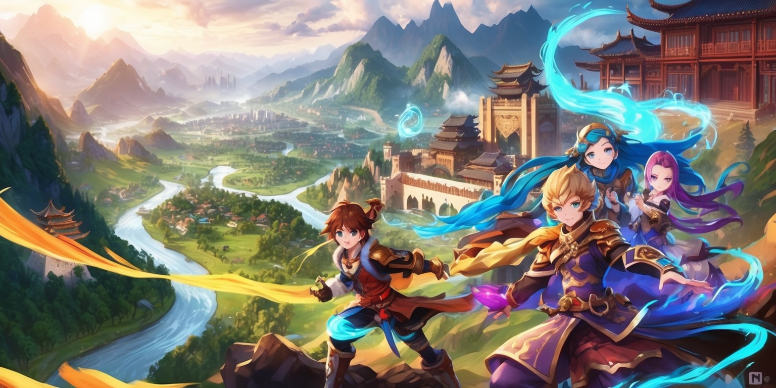 A vibrant, fantastical scene from the Genshin Impact game, set in the mystical world of Teyvat, featuring a sprawling landscape with majestic mountains, lush valleys, and winding rivers, with a mix of traditional Chinese and fantasy architectural styles in the background, possibly showcasing the city of Mondstadt or Liyue, with a few characters from the game, such as the protagonist Traveler, Paimon, or other popular characters like Diluc, Kaeya, or Fischl, posed dynamically, with intricate details on their outfits, hairstyles, and facial features, surrounded by swirling elemental effects, like Anemo, Geo, or Electro energies, with a warm, soft lighting, and a hint of misty atmosphere, evoking a sense of adventure and exploration, in a digitally painted style with bold brushstrokes and vivid colors.