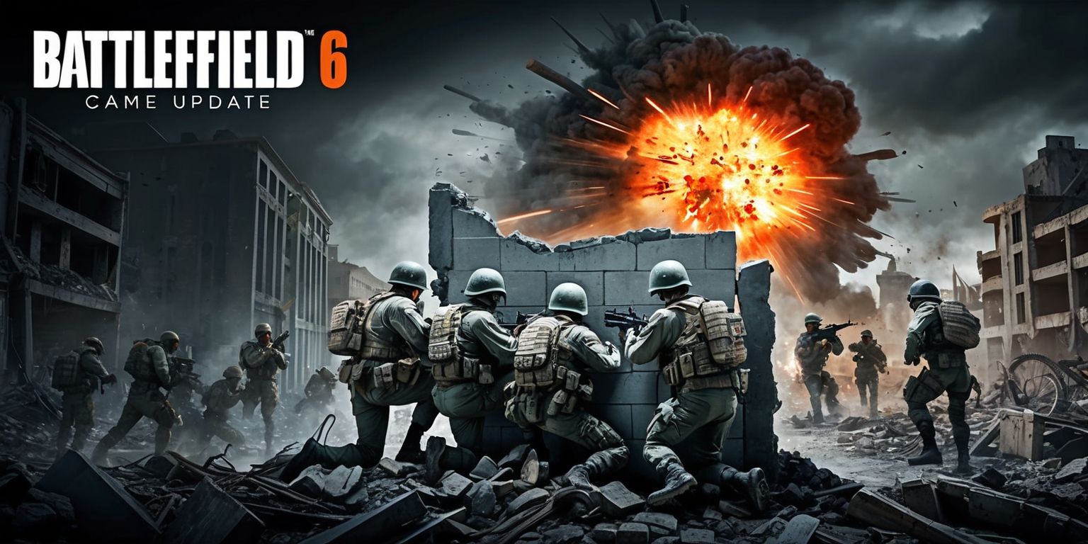A dramatic scene depicting a chaotic battlefield with soldiers wearing tactical gear and helmets, set amidst a war-torn cityscape with destroyed buildings and debris-filled streets, the atmosphere is intense with a darkened sky, the style is reminiscent of a first-person shooter game, with bold lines and vibrant colors, the focal point is a group of soldiers taking cover behind a ruined wall, with a massive explosion erupting in the background, the colors are muted with shades of grey, brown, and green, with accents of bright orange and red from the explosions, the layout is dynamic with a low-angle shot, looking up at the soldiers, with a shallow depth of field, blurring the background, and a bold, sans-serif font displaying the text Battlefield 6 in the top left corner, with a subtitle game update written in a smaller, curved line above the soldiers.