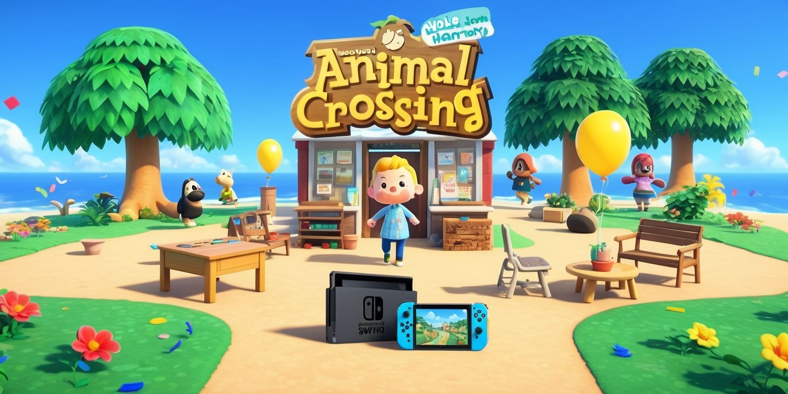 A serene and colorful digital illustration of the Animal Crossing: New Horizons game, set on a sunny island with lush green trees, vibrant flowers, and a clear blue sky, featuring Tom Nook standing in front of his store, with various characters like Isabelle and K.K. Slider in the background, surrounded by furniture and decorations, with a Nintendo Switch console and game cartridge in the foreground, and a few balloons and confetti scattered around, incorporating a mix of realistic and cartoonish elements, with bold lines, soft textures, and a warm color palette, including shades of green, blue, yellow, and orange, with Tom Nook's iconic smile and Isabelle's cheerful expression, and the game's logo prominently displayed in a modern, cursive font, in a horizontal layout with ample negative space to convey a sense of relaxation and tranquility.
