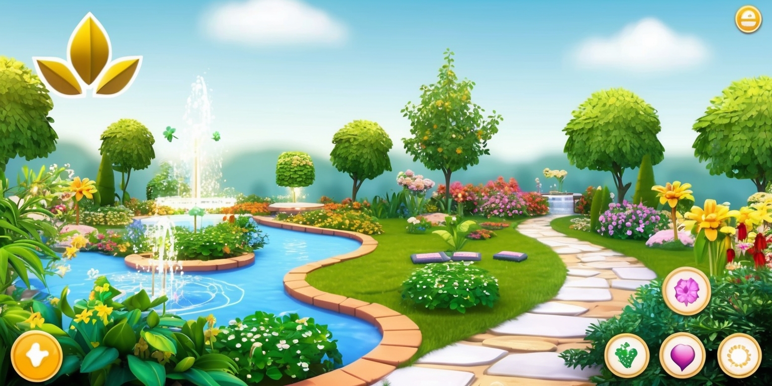 A serene virtual garden simulation game scene with lush greenery and vibrant flowers, set against a soft, gradient blue sky with fluffy white clouds, featuring a variety of interactive elements such as sparkling fountains, winding stone pathways, and playful garden decorations, with a user interface that includes stylish, modern buttons and icons in a clean, minimalist design, incorporating a mix of 3D and 2D graphics in a colorful, whimsical style, and a subtle, shimmering light effect to enhance the overall sense of wonder and immersion, with the game's logo, a stylized, golden leaf emblem, prominently displayed in the top-left corner of the screen.
