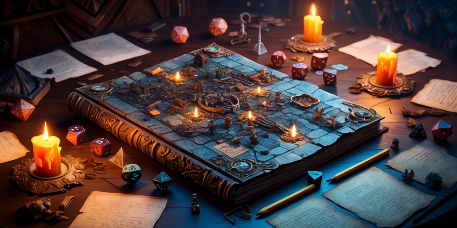 A dimly lit, atmospheric illustration of a fantasy world-inspired tabletop setup, showcasing a sprawling, intricately designed dice-driven roguelike game in progress, with a weathered, ancient tome serving as the game board, adorned with flickering candles, scattered parchments, and mystical artifacts, surrounded by a collection of polyhedral dice, pencils, and character sheets, set against a rich, dark wooden background, with subtle, mysterious ambient lighting, evoking a sense of mystery and adventure.