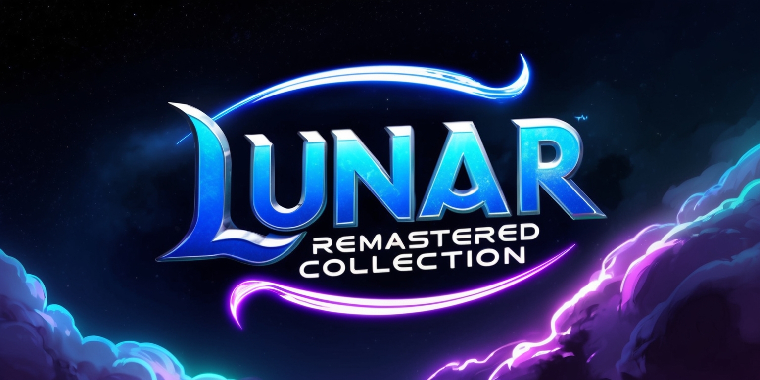 A futuristic, high definition illustration of the Lunar Remastered Collection game, featuring vibrant, electric blue and neon purple hues, set against a dark, starry night sky, with the game's logo prominently displayed in bold, metallic silver font, adorned with crescent moon accents, surrounded by swirling, ethereal clouds, evoking a sense of otherworldly adventure, with the words Remastered Collection written in a curved line above the logo in a stylized, cursive script, and a subtle, gradient glow effect adding depth and dimensionality to the overall design.