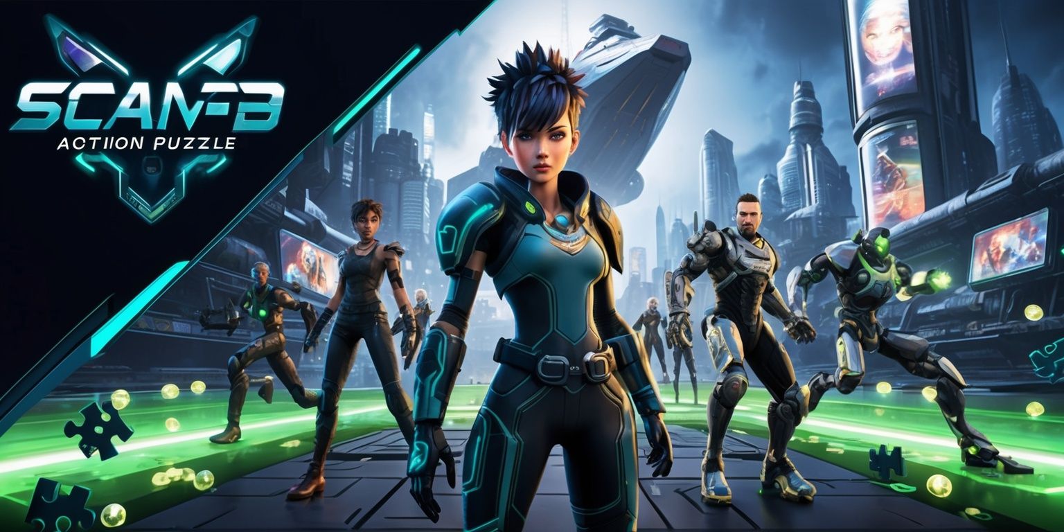 A futuristic scene depicting a hybrid sci-fi action-puzzle video game with a dark blue and neon green color scheme, set in a dystopian cityscape with sleek skyscrapers and holographic advertisements, featuring a diverse group of characters with unique abilities and futuristic armor, including a female protagonist with short spiky hair and piercing blue eyes, and a male ally with robotic limbs and enhanced vision, surrounded by floating puzzle pieces and glowing energy orbs, with a massive spaceship looming in the background, and a bold, metallic logo of the game title in the top left corner, in a stylized, futuristic font with sharp edges and neon accents.