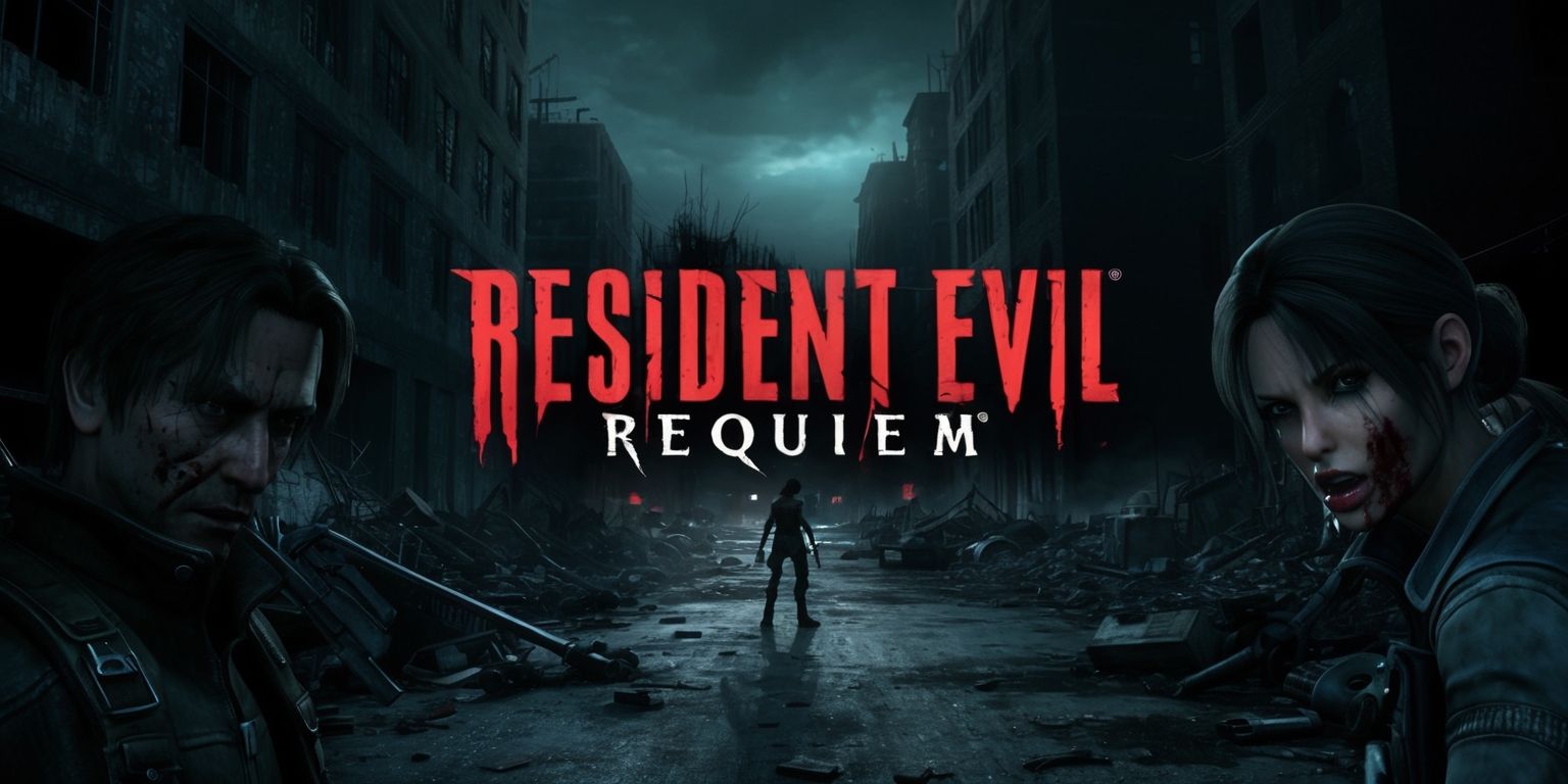 A dark and ominous scene from Resident Evil Requiem game, with a haunting atmosphere, featuring Chris Redfield and Jill Valentine as main characters, set in a dimly lit, abandoned cityscape with destroyed buildings and debris-filled streets, the color palette is dominated by shades of dark grey, brown, and red, with an emphasis on horror elements, including terrifying zombies and monstrous creatures, the game's logo is prominently displayed in bold, blood-red letters with a sinister font style, the overall style is reminiscent of a survival horror game, with a focus on intense action and thrilling gameplay, the characters' facial features are determined and strong, with Chris having a rugged, worn-out look and Jill appearing fierce and focused.