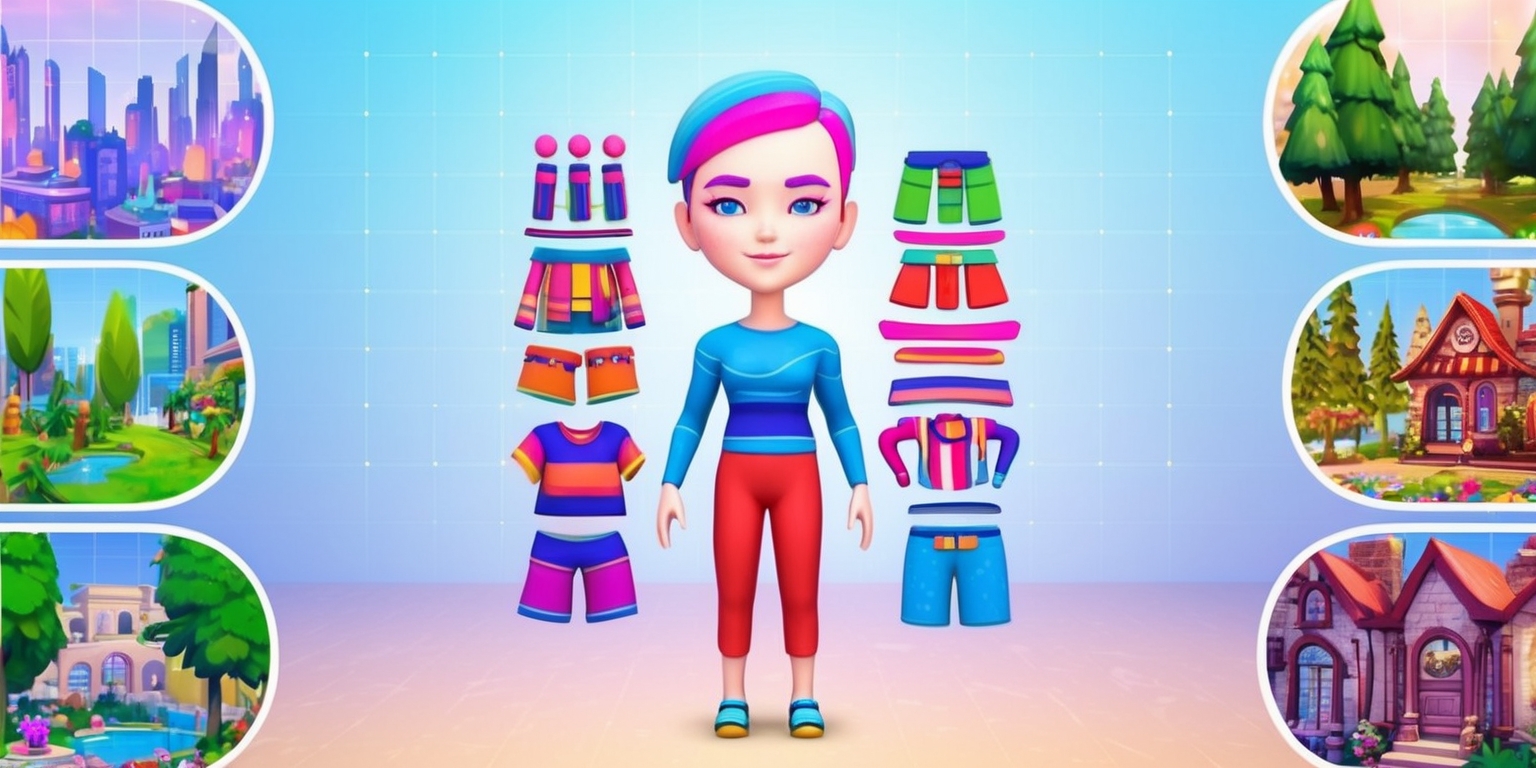 A vibrant, futuristic illustration of a customizable life simulation game, set against a soft, gradient blue background, with a subtle grid pattern to represent the digital world. In the center, a stylized avatar stands, customizable features highlighted in bold lines and bright colors, with interchangeable clothing, accessories, and hairstyles on display. The avatar's face is serene, with delicate features, smooth skin, and expressive eyes that shine with a hint of excitement. To the sides, various in-game environments are showcased, such as a bustling cityscape, a serene forest, and a cozy home, each with intricate details and warm, inviting colors. The overall style is a mix of clean, modern lines and playful, whimsical touches, evoking a sense of limitless possibility and creative freedom.