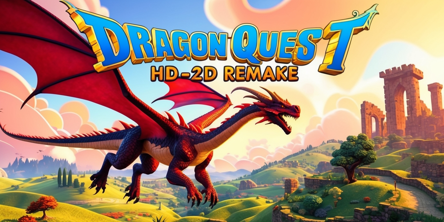 A vibrant, fantasy-themed illustration inspired by the Dragon Quest III HD-2D Remake game, featuring a majestic dragon soaring through a medieval-inspired landscape with rolling hills, towering trees, and ancient ruins in the background, with the game's title Dragon Quest III emblazoned across the top in bold, golden lettering with a subtle gradient effect, set against a sky with warm, whimsical clouds, incorporating a mix of pixel art and 3D elements, with hints of warm sunlight casting long shadows, and a subtle glow emanating from the dragon's scales, all rendered in a stunning high-definition visual style with intricate details and textures.