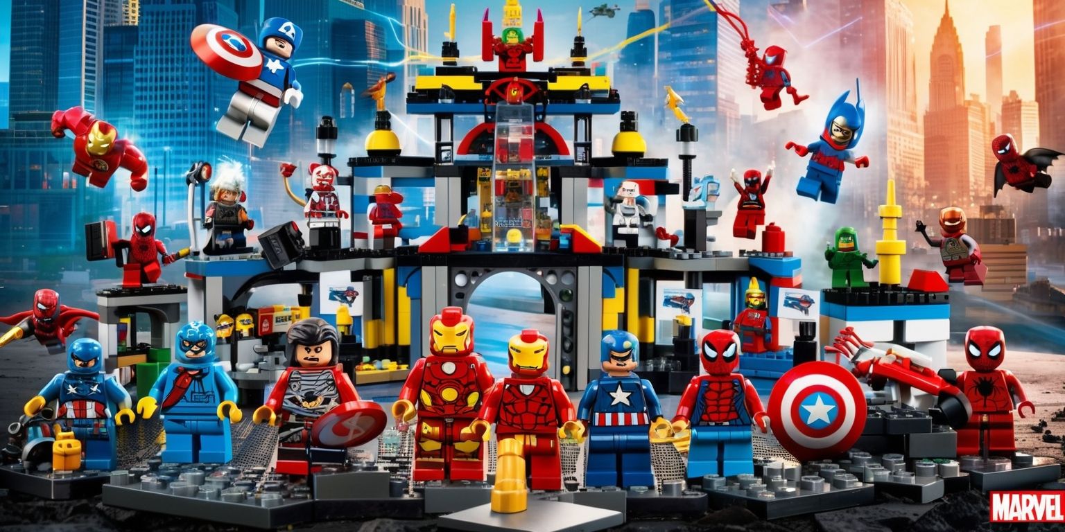 A vibrant and detailed image of a Marvel Lego set, featuring a variety of miniature Lego figures and structures, with a mix of bright colors and dynamic lighting, showcasing iconic characters from the Marvel universe, such as Iron Man, Captain America, and Spider-Man, amidst a backdrop of city skyscrapers or a sprawling metropolis, with the Lego bricks and figures arranged in a creative and action-packed layout, highlighting the intricate details and textures of the Lego pieces, and capturing the essence of the Marvel brand with its bold and adventurous aesthetic.