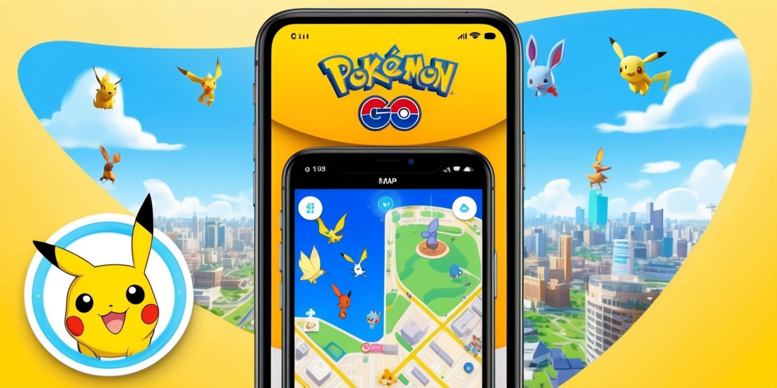 A sleek, modern smartphone screen displaying the Pokémon Go app, with a vibrant, colorful interface that features a stylized Pokémon logo at the top, surrounded by a soft, rounded rectangle with a subtle gradient effect. The background is a warm, sunny yellow, evoking a sense of adventure and exploration. On the screen, a map view shows various Pokémon and PokéStops scattered throughout a bustling cityscape, with clear blue skies and fluffy white clouds. In the bottom left corner, a circular avatar icon displays a cartoonish, smiling Pikachu, with bright, shiny eyes and rosy cheeks. The overall design is clean, minimalist, and visually appealing, with bold, curved lines and whimsical typography, conveying a sense of fun and excitement.