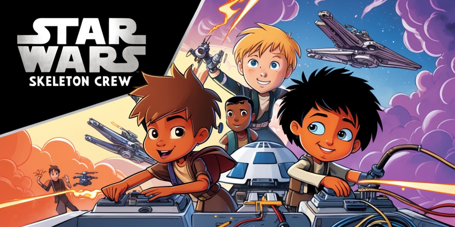 A vibrant, action-packed illustration depicting a key scene from the Star Wars: Skeleton Crew series, with a bold color palette inspired by the franchise's iconic aesthetic, blending warm oranges, blues, and silvers. In the foreground, a group of diverse young heroes, including a curious and brave teenage girl with short, spiky brown hair and warm brown skin, a boy with messy blond hair and bright blue eyes, and an Asian toddler with a mop of black hair and playful demeanor, are shown piloting and repairing starships, surrounded by tools, wires, and sparks. The background is a starry galaxy, with swirling clouds of purple and blue gas and stars. The overall style is reminiscent of classic sci-fi comics and anime, with bold lines, dynamic poses, and energetic color choices. In the top left corner, the title Star Wars: Skeleton Crew appears in bold, metallic silver letters, with the tagline Join the Rebellion written in smaller text below, in a stylized, futuristic sans-serif font.