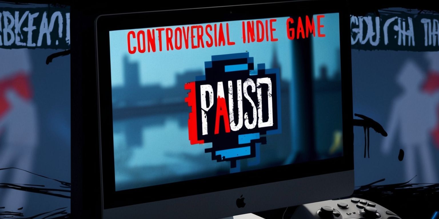 A close-up of a computer screen displaying a paused scene from a controversial indie game, with a bold pixel art style and a muted color palette of blues and grays, the game's logo is emblazoned on the screen in a distressed font with a bright red color, the background of the game is a blurred cityscape at dusk, the game's title and slogan are written in a graffiti-style font at the top of the screen, the overall atmosphere is one of mystery and intrigue, with the game's protagonist visible in the distance, shrouded in shadows, the screen is surrounded by dark shadows, with a few faint gaming controller buttons and keyboard keys visible in the foreground.