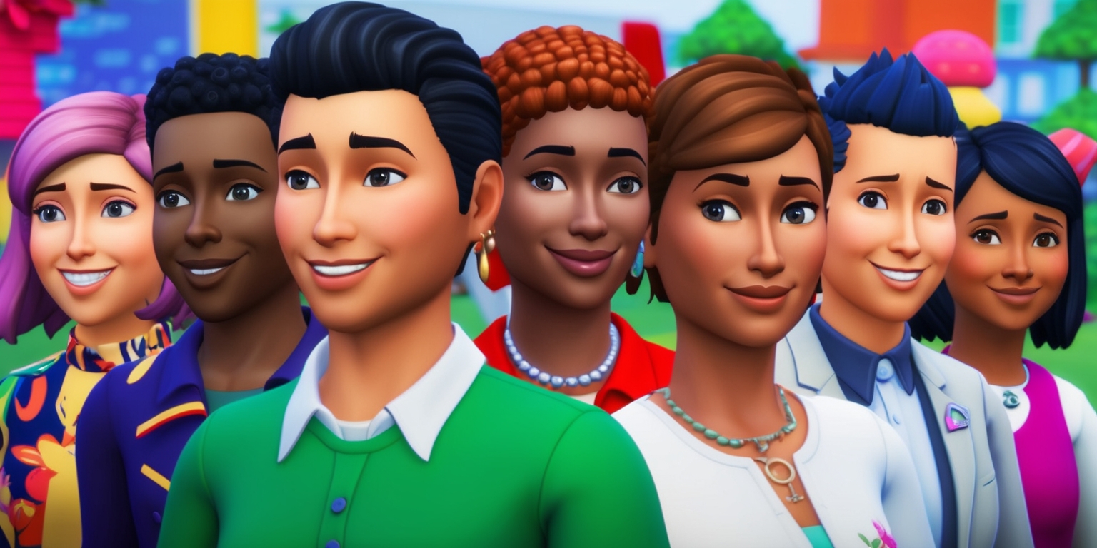 A digital image depicting a scene from The Sims 4 game, with Sims characters of various skin colors and facial features, including unique attributes such as different hairstyles and clothing, set against a vibrant and detailed background with a mix of bright colors, showcasing the game's signature aesthetic and style, with a focus on the Sims' daily activities and interactions, and including various game elements such as furniture and buildings, all rendered in a 3D computer-generated graphics style.