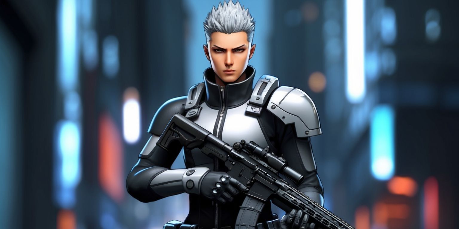 A highly detailed digital illustration of a single Arknights Endfield operator standing in a dimly lit urban environment with a mix of modern and futuristic elements, the operator is dressed in a sleek black and grey outfit with metallic accents, their facial features are stern and determined with a focus on sharp jawlines and piercing eyes, the operator's skin tone is a warm beige, they have short and spiky silver hair and are equipped with advanced combat gear and a large rifle, the background is a blurred mix of cityscape and neon lights with a dominant color scheme of dark blues and greys, the overall style is a blend of anime and sci-fi elements with bold lines and vibrant textures.