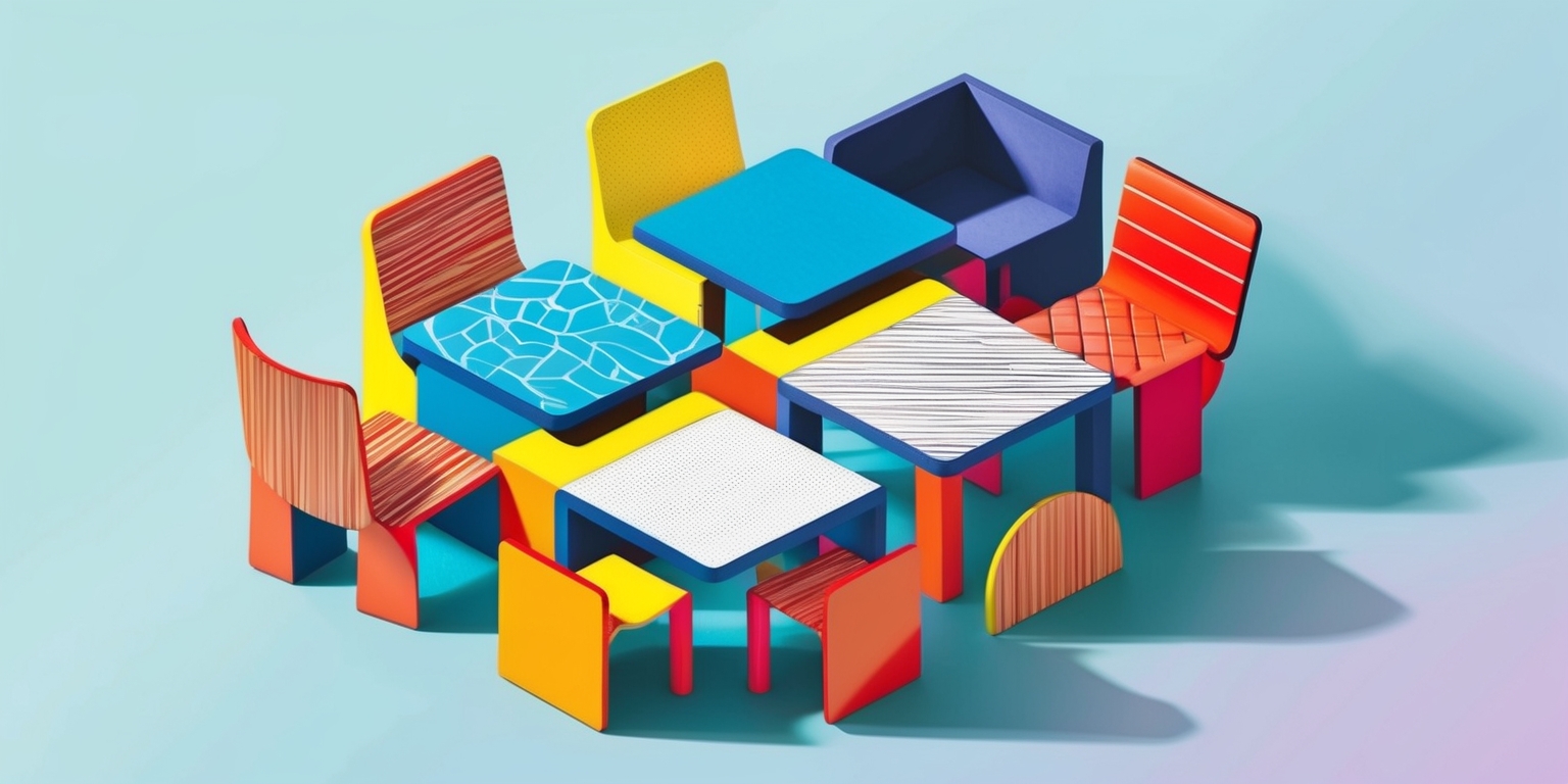 A vibrant and colorful illustration of a Seating Puzzle game, with interchangeable chairs and tables in a stylized 3D arrangement, set against a soft pastel blue background, featuring bold lines and geometric shapes, with the chairs and tables having distinct textures and patterns, and the puzzle pieces fitting together seamlessly, with a sense of depth and dimensionality, and a subtle gradient effect to enhance the visual appeal, with the overall design conveying a sense of playfulness and intellectual challenge.