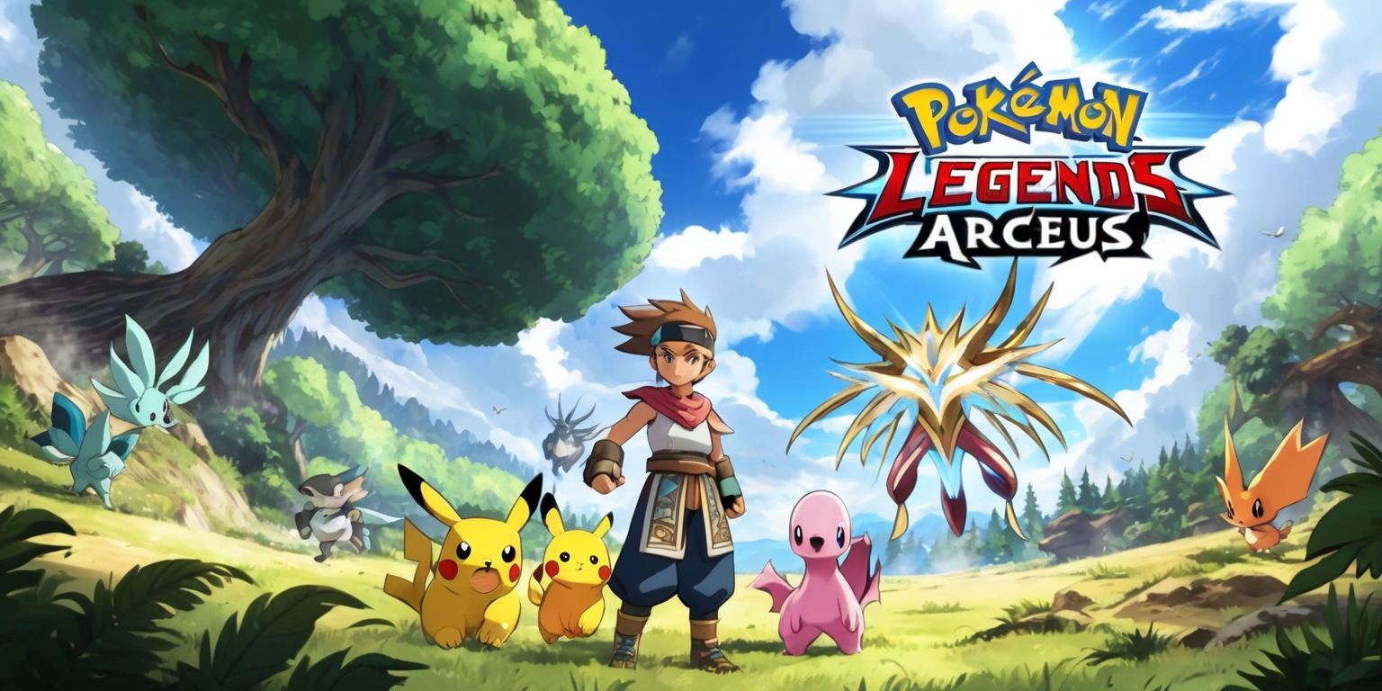 A vibrant and dynamic illustration of the Pokémon Legends: Arceus game, set in a majestic natural landscape with lush green forests, towering trees, and a vast open sky with fluffy white clouds, featuring a variety of Pokémon roaming freely in their natural habitats, with a focal point on the protagonist, a young trainer with a determined expression, wearing a traditional clothing style inspired by the Hisui region, with a few Pokémon standing beside them, including a noble-looking Arceus with a shining aura, and in the background, subtle hints of the game's logo and title, Pokémon Legends: Arceus, in a bold, adventure-inspired font, with earthy tones and textures, incorporating a mix of digital and watercolor elements to evoke a sense of exploration and discovery.