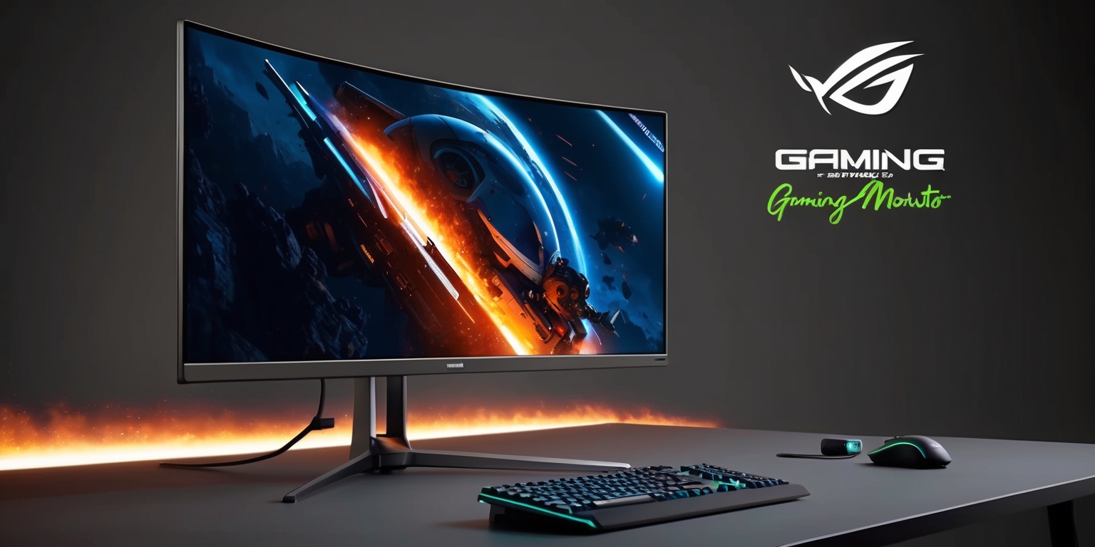 A sleek and modern 27-inch gaming monitor is prominently displayed on a dark gray background, with a thin bezel and a curved screen, showcasing a vibrant and detailed game scene with a mix of deep blues and fiery oranges, the monitor's brand logo is emblazoned in bold silver letters at the top right corner, with a tagline written in a futuristic font style in neon green, the monitor's stand is sturdy and metallic, with a few cables neatly managed behind it, in the foreground, a gaming keyboard and mouse are placed on a minimalist desk, with a few gaming accessories scattered around, the overall aesthetic is high-tech and premium, with a focus on speed and performance, the image is brightly lit, with a slight glow effect on the monitor's edges, highlighting its slim profile and advanced features.