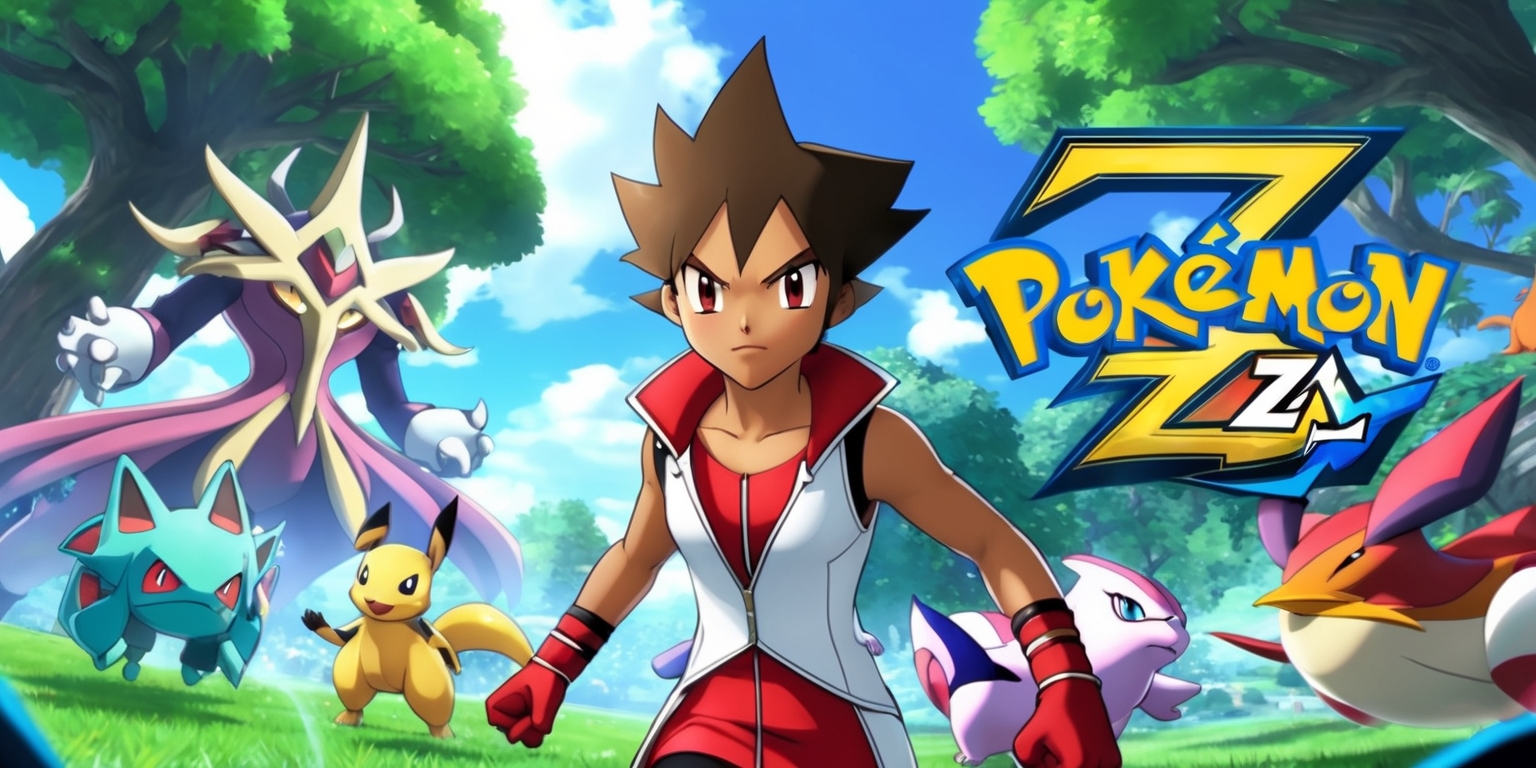 A vibrant and action-packed scene from Pokémon Legends: Z-A game, featuring a young trainer with determined facial features and a medium brown skin tone, wearing a sleek outfit with a red and white color scheme, standing in the midst of a lush green forest with towering trees and a clear blue sky, surrounded by various Pokémon such as a massive Arceus with a regal and majestic demeanor, a swift and agile Zacian, and a powerful and intimidating Zamazenta, with the game's logo prominently displayed in a bold, golden font with a stylized letter Z and A, and the background filled with intricate details and textures, showcasing the game's unique art style and attention to detail.