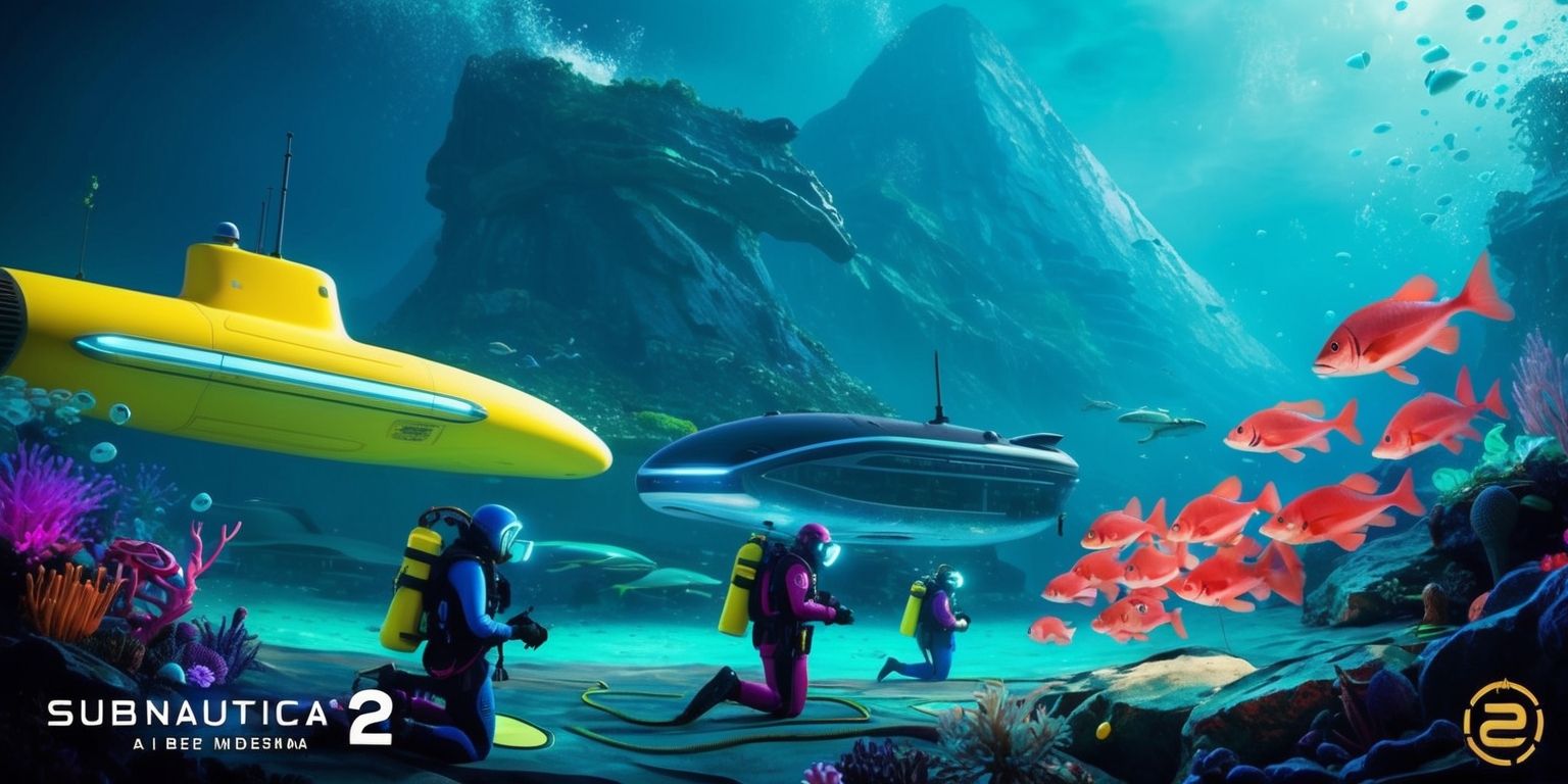A futuristic underwater scene from the Subnautica 2 game, set on an alien ocean planet, with a diverse array of bioluminescent sea creatures and strange aquatic flora, featuring a sleek yellow submarine in the distance, with a few scuba divers in the foreground, wearing full-face masks and colorful diving gear, surrounded by vibrant blue and green hues, with a massive underwater mountain range looming in the background, and a school of glowing fish swimming towards the camera, amidst a flurry of bubbles and ocean debris, with the Subnautica 2 logo subtly integrated into the scenery, in a stylized, futuristic, and highly detailed visual style.