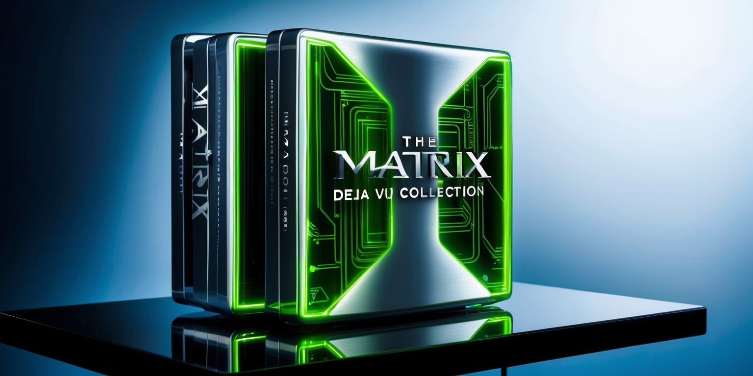 A futuristic, high-gloss, 4K Ultra HD Blu-ray box set of the Matrix Deja Vu Collection, with a silver and neon green metallic finish, radiating an otherworldly glow, sitting on a sleek, black, glass-topped shelf against a dark, gradient blue background, evoking a sense of advanced technology and virtual reality, with the Matrix logo embossed in bold, silver, futuristic font, and the title Deja Vu Collection written in smaller, curved text above it, in a stylized, cyberpunk-inspired design, with subtle, intricate circuitry patterns etched into the packaging, reflecting the film's themes of simulated realities and digital rebellion, with a hint of mystery and tension.