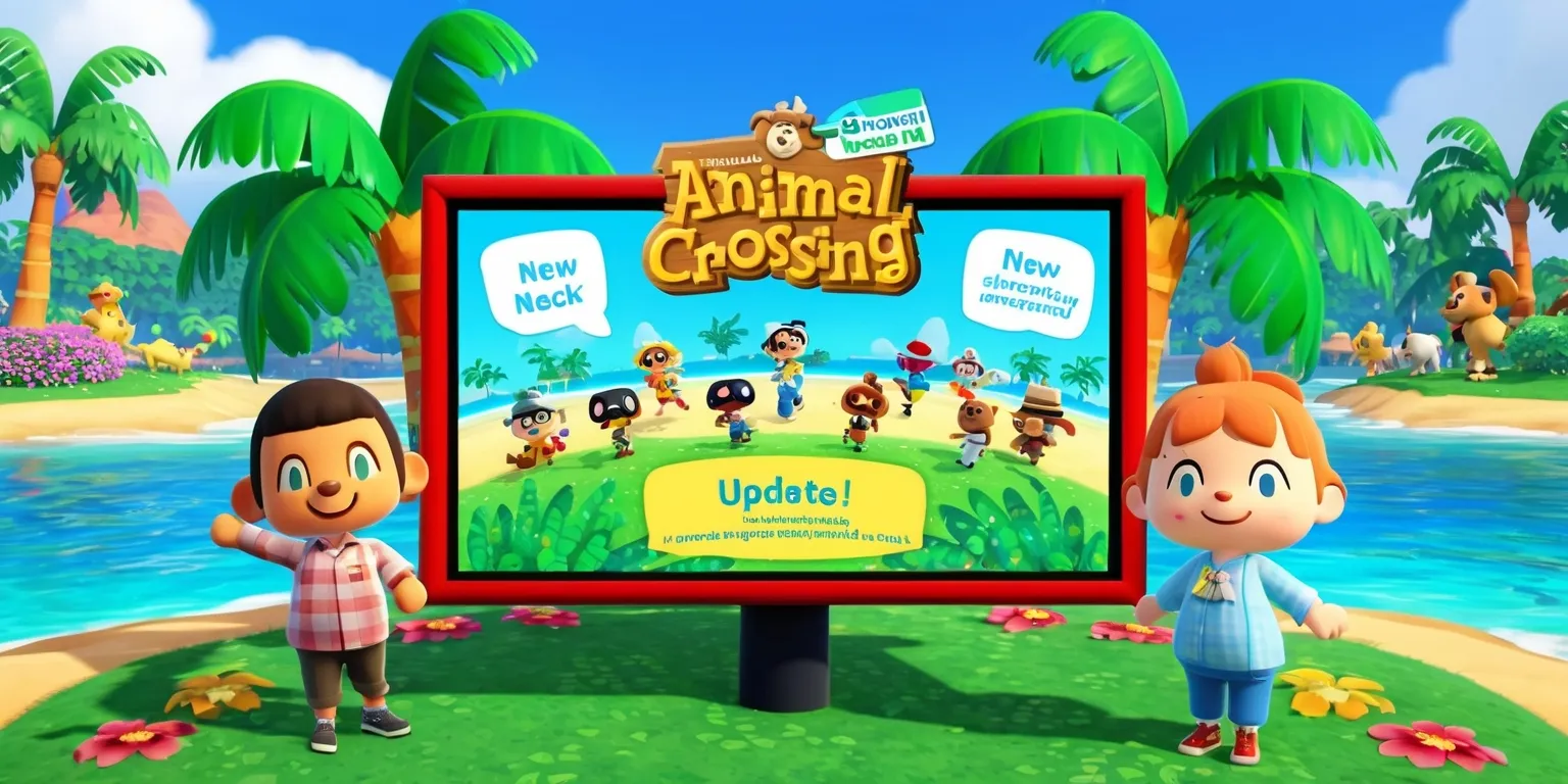 A colorful digital illustration of the Animal Crossing: New Horizons game update, featuring Tom Nook and other beloved characters from the game, set against a vibrant and lush island backdrop with palm trees, flowers, and a clear blue sky, with a large screen or billboard in the foreground displaying the update's logo and key features in a bold, playful font, including new furniture, characters, and gameplay mechanics, with a mix of realistic and cartoon-like elements, and a overall warm and inviting atmosphere, showcasing the game's unique blend of relaxation and excitement.