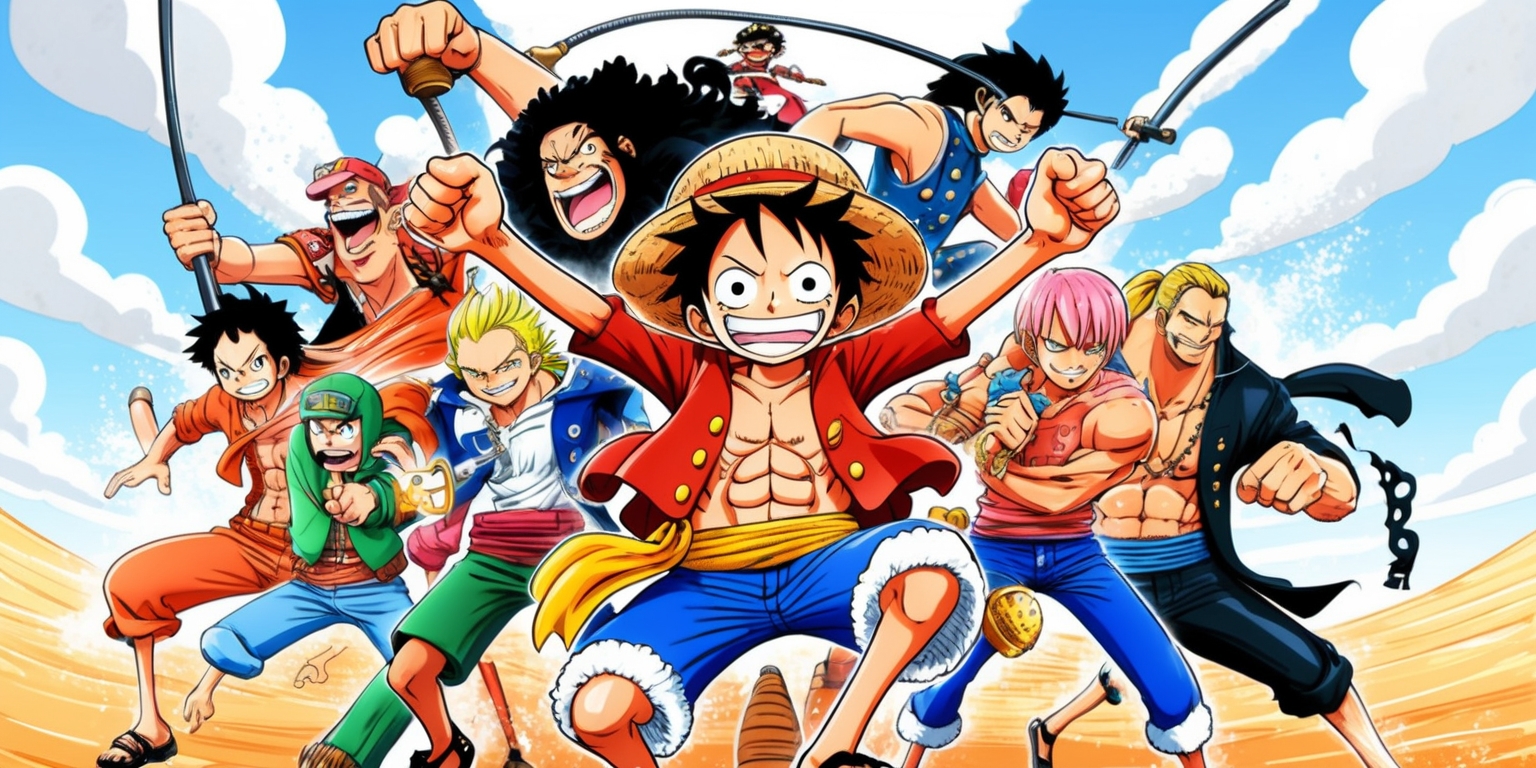 A vibrant and action-packed illustration featuring iconic characters from the popular One Piece anime series, set against a warm, sunny background with cloudy skies and a subtle hint of sea spray, evoking the adventurous spirit of the Grand Line. The characters are depicted in dynamic poses, showcasing their unique abilities and personalities, with bold lines, vibrant colors, and exaggerated facial expressions. Monkey D. Luffy, the main protagonist, is prominently featured in the center, with his signature straw hat and enthusiastic grin, surrounded by his trusted crew members, including Roronoa Zoro, Usopp, Sanji, Tony Tony Chopper, Nico Robin, Franky, and Brook. The illustration style is reminiscent of Eiichiro Oda's original manga artwork, with bold black outlines, detailed textures, and a mix of soft and vibrant colors, blending traditional Japanese aesthetics with a touch of modern anime flair.