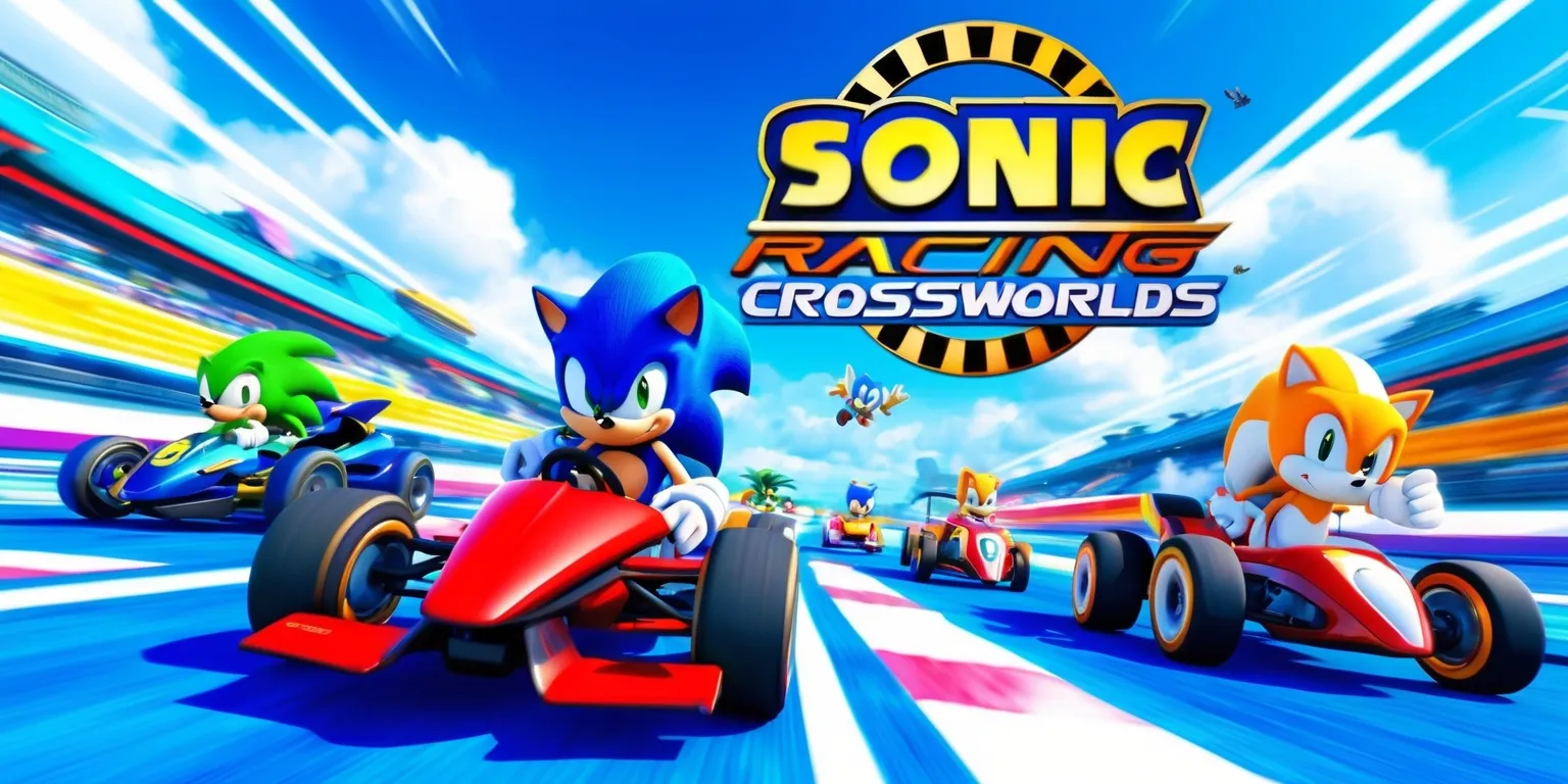 Sonic Racing: CrossWorlds game with Sonic the Hedgehog and his friends competing in a high-speed race on a vibrant, futuristic track, set against a bright blue sky with fluffy white clouds, featuring sleek, colorful vehicles and detailed character models with expressive facial features, including Sonic's bright blue spikes and energetic smile, with a dynamic layout and dramatic lighting, incorporating the game's logo in a bold, golden font with a circular shape and a checkered flag pattern, surrounded by speed lines and motion blur effects to convey a sense of rapid movement and excitement.