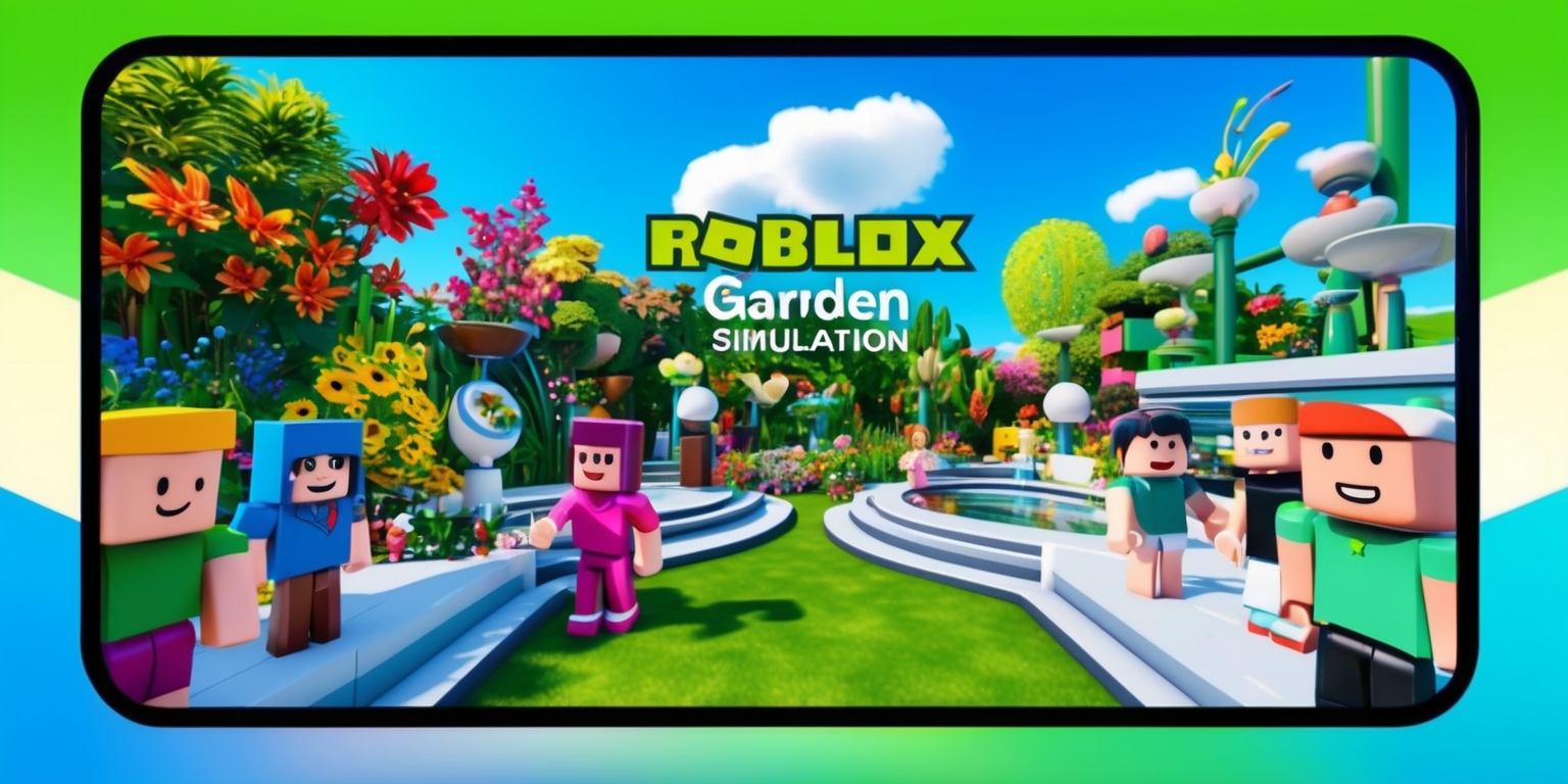 A colorful digital illustration of a Roblox garden simulation game, featuring a vibrant and lush environment with assorted flora, a bright blue sky, and a variety of Roblox characters with distinctive facial features and skin tones, interacting with each other and the garden surroundings, with a mix of modern and futuristic architectural elements, including sleek pathways, ornate fountains, and unique garden decorations, all set within a rectangular frame with a slight gradient effect, and incorporating the Roblox logo in a bold, sans-serif font with a bright green and blue color scheme.