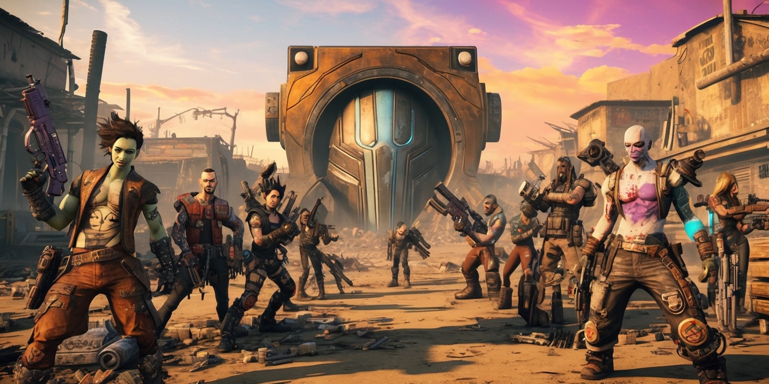A vibrant, post-apocalyptic landscape set in the Borderlands universe, with a dusty, worn-down aesthetic, featuring a mix of rustic browns, worn metals, and faded neon colors, incorporating a sense of chaos and destruction, with ruined buildings and debris-filled streets, and in the distance, a massive, ominous-looking vault door with a bold, metallic sheen, surrounded by an assortment of eccentric, heavily armed characters, each with unique facial features, skin colors, and tattoos, wearing tattered, punk-influenced clothing and holding an array of futuristic guns, with a faint, gritty texture and a dynamic, action-packed composition, set against a vivid, sunset-lit sky with hues of orange, pink, and purple.